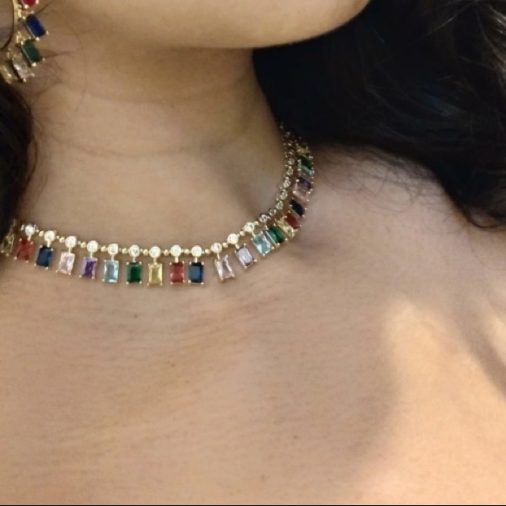 Rainbow Dangle Baguette Choker Necklace - Picture 2 of 4